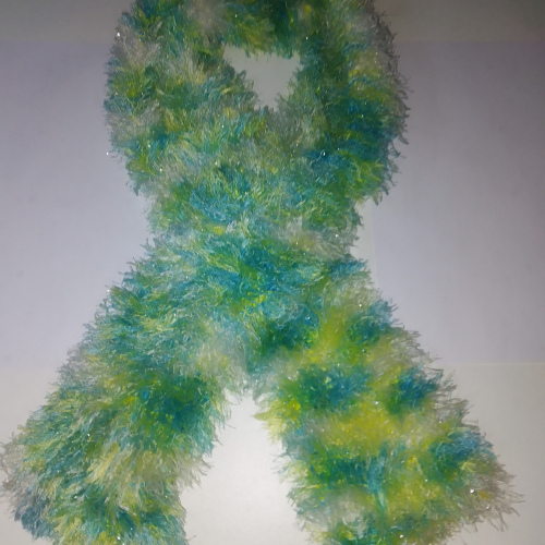light blue,yellow and white fluffy scarf