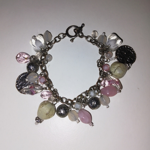 pink,silver transparent beaded charm bracelet