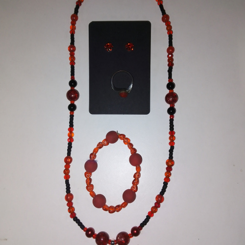 red and black 3 pc earring,chain and ring set